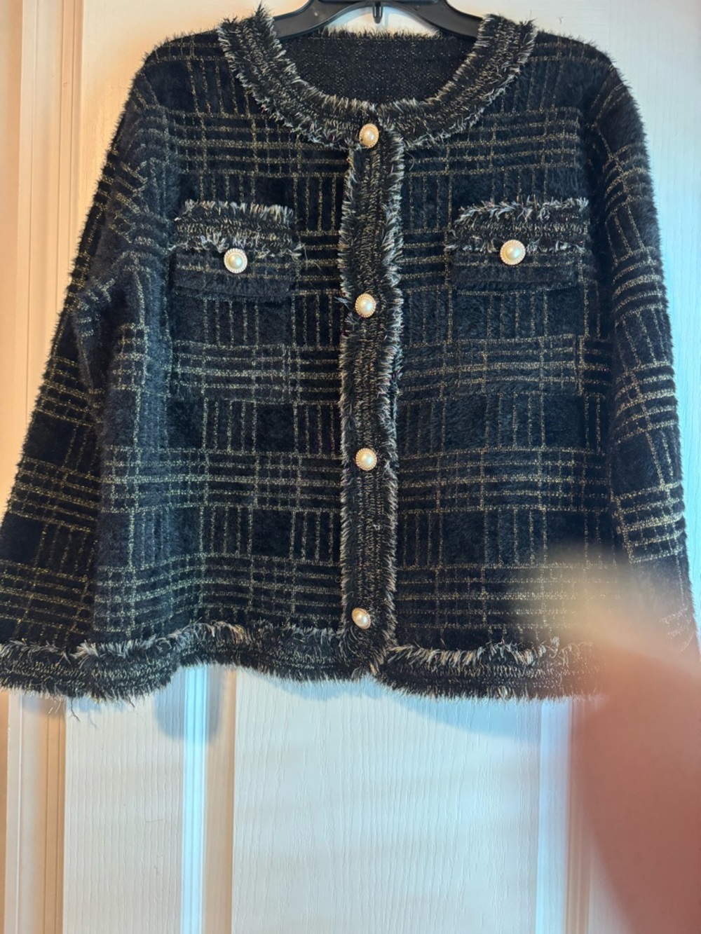 Black Tweed Pearl-Button Women's Jacket Chanel style tweed